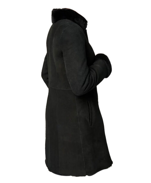 Women Black Shearling Real Leather Long Coat Right Side