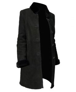 Women Black Shearling Real Leather Long Coat Side