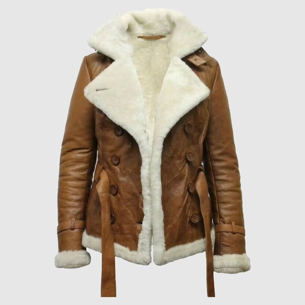 Women Pilot Aviator Double Breasted Shearling Leather Jacket Front