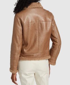 Women Pilot Aviator Shearling Lined Brown Leather Jacket Back