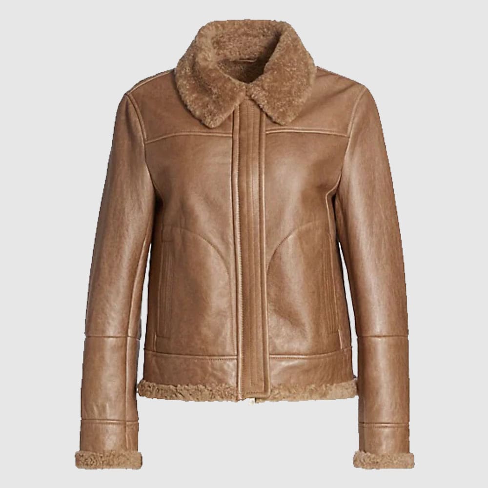 Women Pilot Aviator Shearling Lined Brown Leather Jacket Front