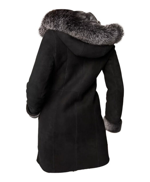 Women Shearling Sheepskin Coat with Detachable Faux Fur Hood Back