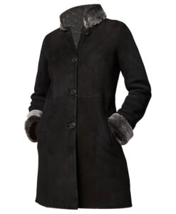 Women Shearling Sheepskin Coat with Detachable Faux Fur Hood Front