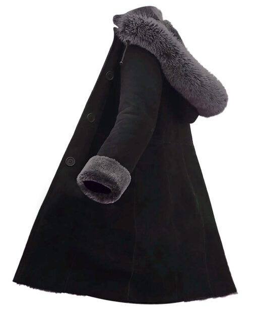 Women Shearling Sheepskin Coat with Detachable Faux Fur Hood Side