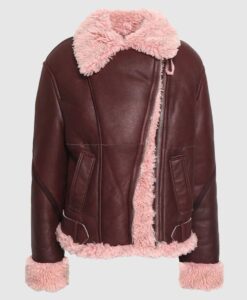 Womens Asymmetrical Burgundy Shearling Lined Leather Jacket