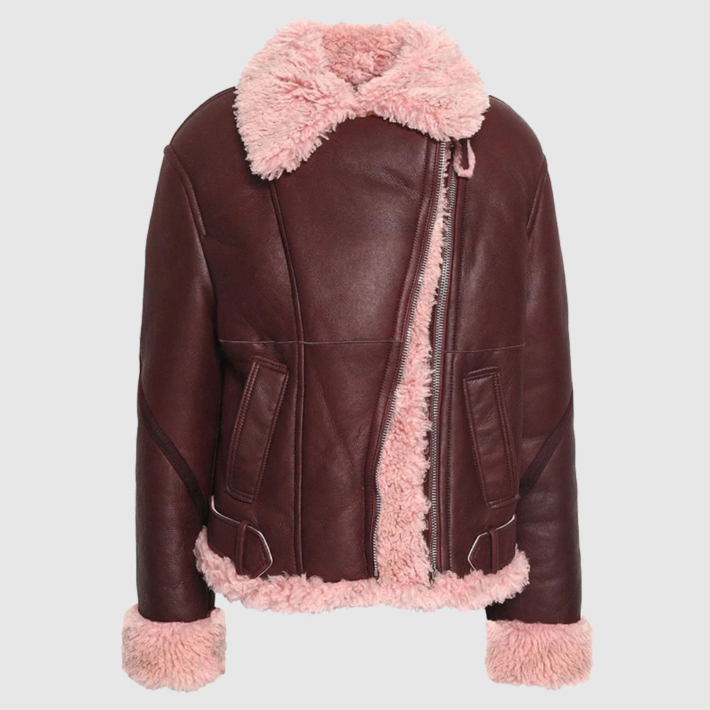 Womens Asymmetrical Burgundy Shearling Lined Leather Jacket