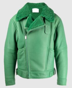 Womens Biker Aviator Shearling Fur Green Leather Jacket