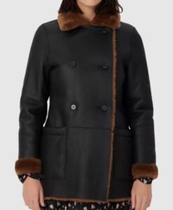 Womens Black RAF Aviator WW2 Sheepskin Winter Coat Front