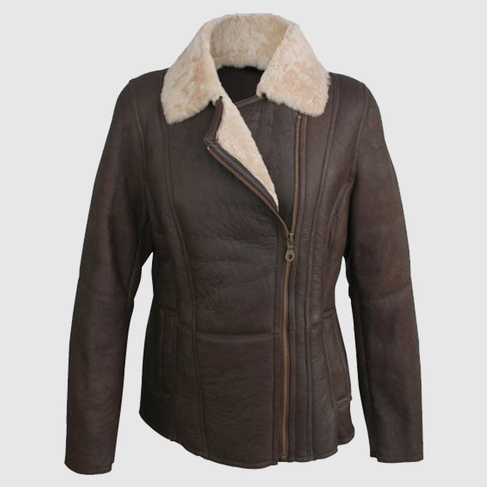 Womens Leather Aviator Sheepskin Shearling Brown Coat