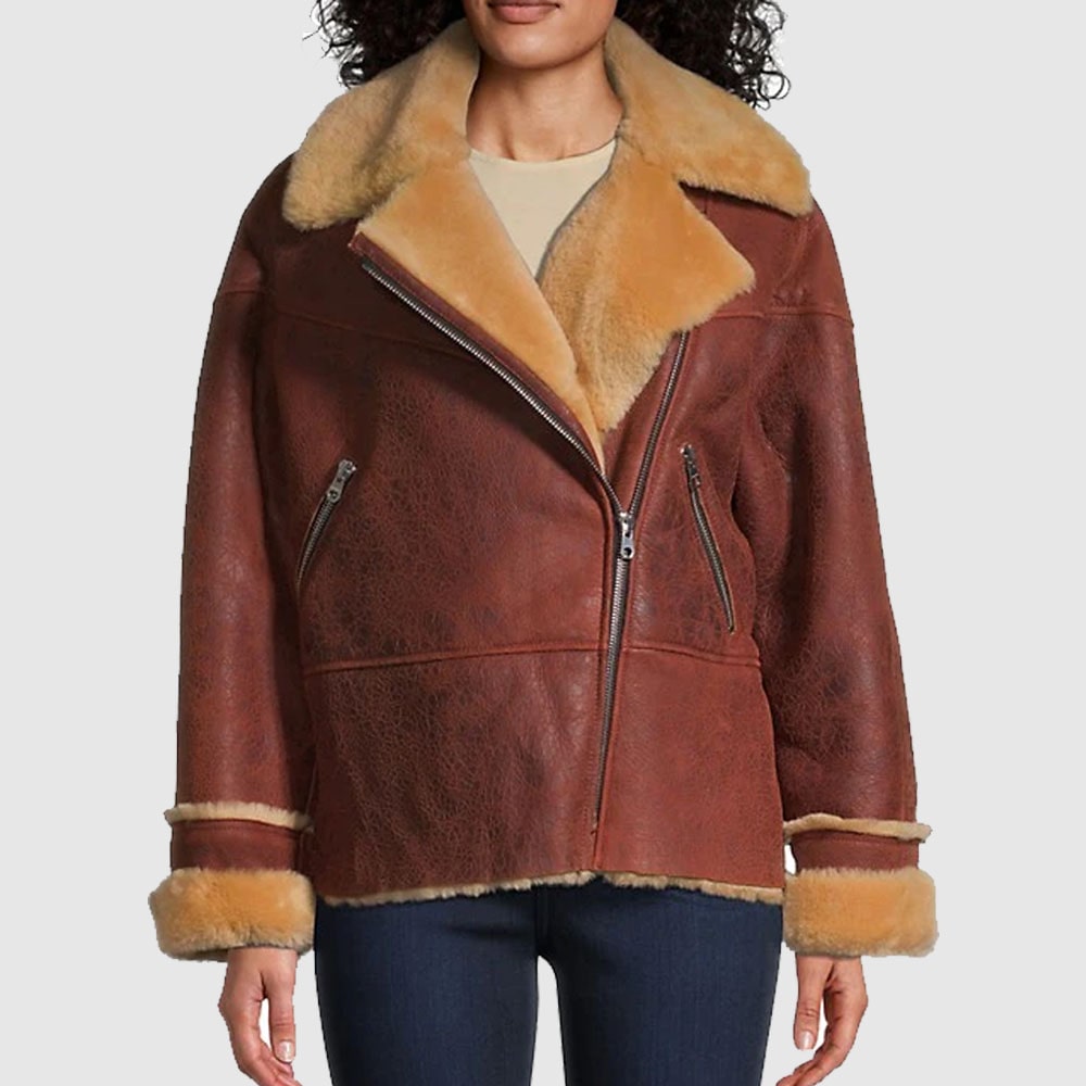 Womens Sandy Vegan Shearling Fur Brown Moto Jacket Front