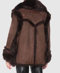 Womens Shearling Fur Suede Leather Brown Long Coat Back