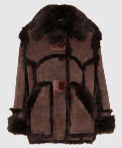 Womens Shearling Fur Suede Leather Brown Long Coat Front