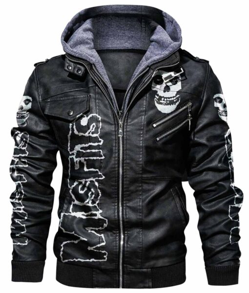 Men’s Skull Printed Misfits Hooded Leather Bomber Jacket