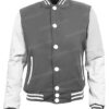 Mens Bomber Grey and White PU Leather Sleeves Letterman Jacket
