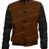 Mens Brown and Black Bomber High School Letterman Jacket Front