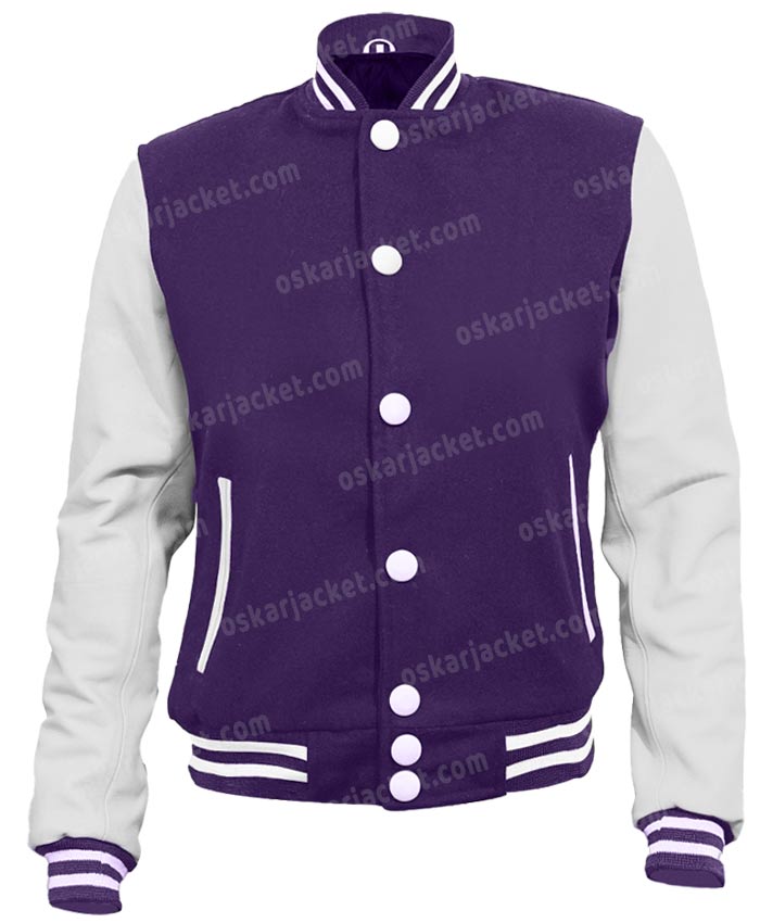 Mens High School Letterman Purple and White Wool Jacket Front