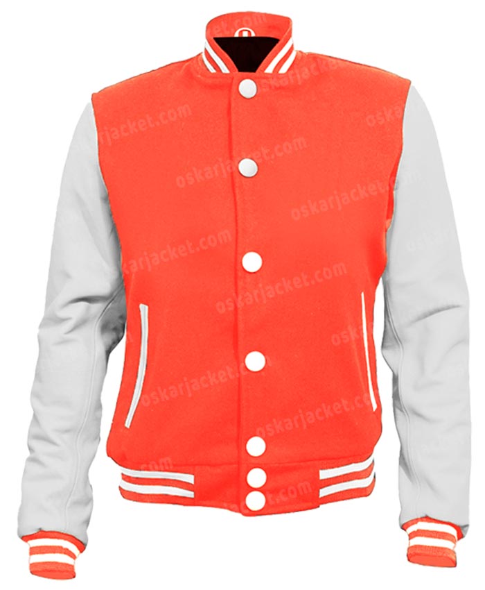 Mens School Orange and White Wool Letterman Jacket Front