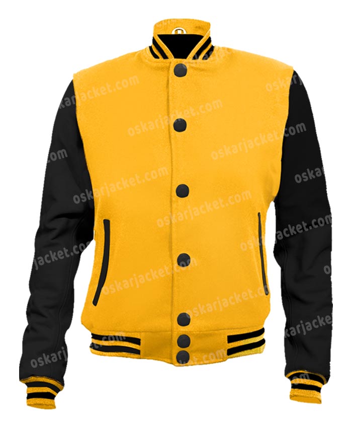 Mens University Style Yellow and Black Letterman Jacket Front