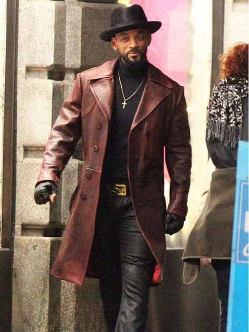 Suicide Squad Will Smith Brown Leather Trench Duster Coat Front