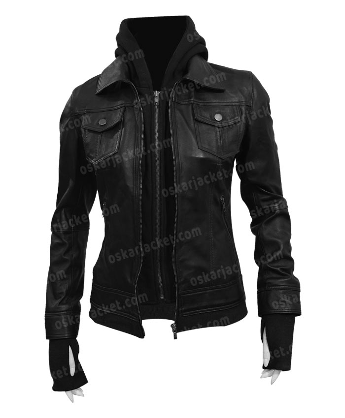 Womens Black Leather Hooded Jacket