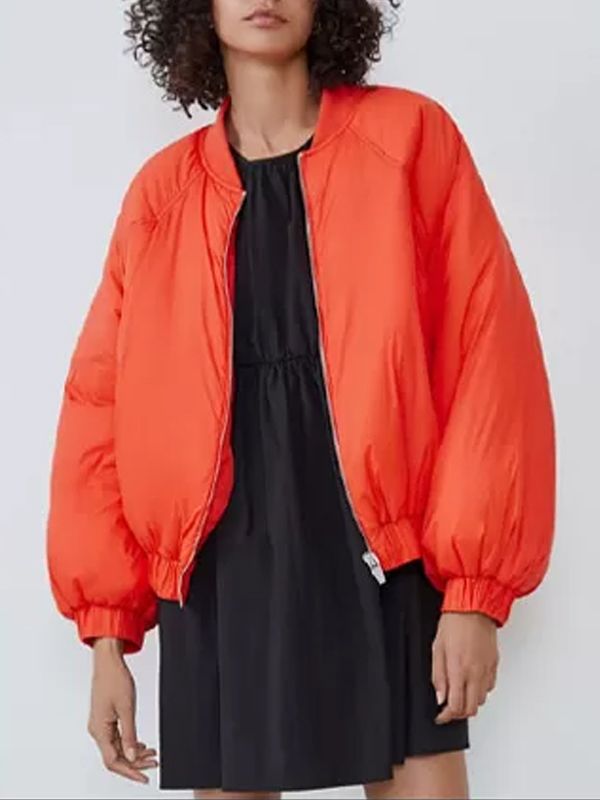 Inventing Anna S01 Alexis Floyd Orange Puffer Bomber Jacket Front