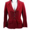 Julia Garner Inventing Anna S01 Red Velvet Blazer Coat Shoot Front