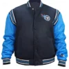 Mens Tennessee Titans Satin Blue Varsity Bomber Jacket Image