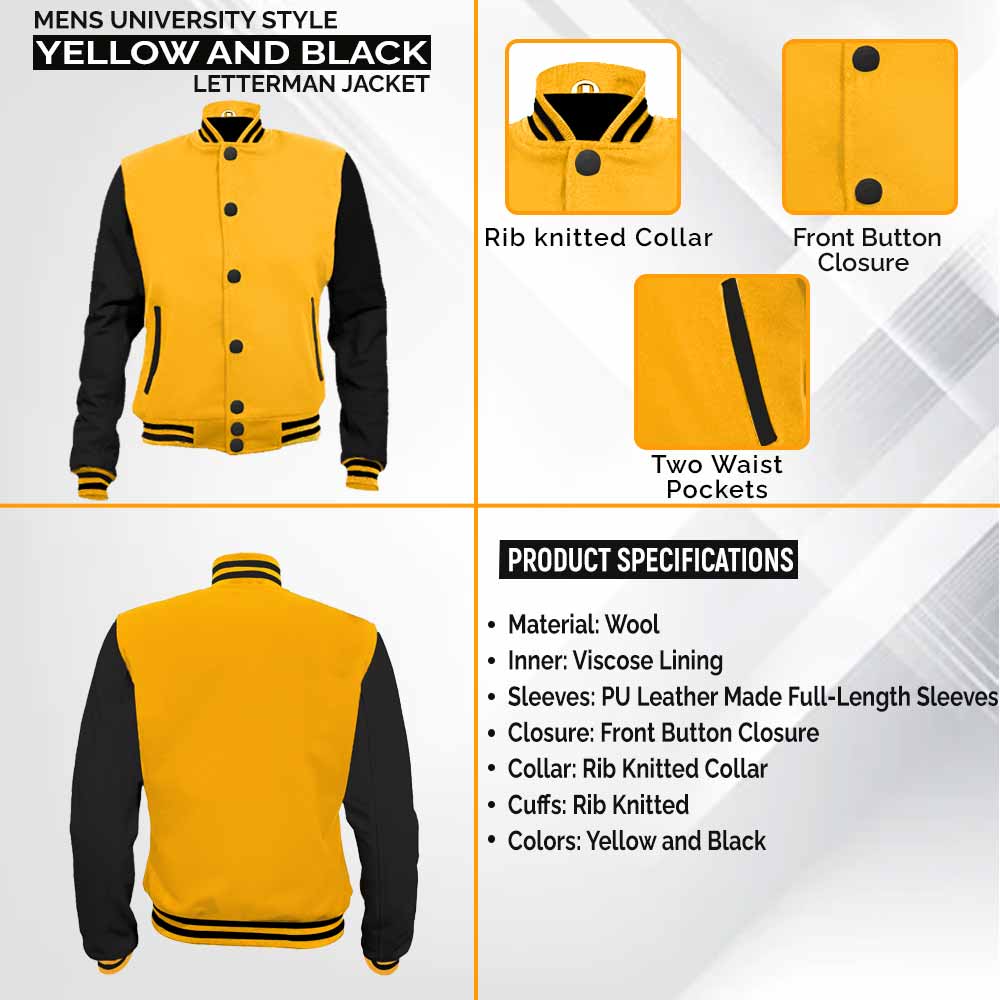 Men's Wool Black Letterman Jacket with Yellow Detailing