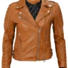 Womens Motorcycle Slim Fit Tan Brown Biker Quilted Classic Jacket front close zip