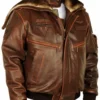 Cap Aviator Top Gun Brown Real Leather Jacket With Fur Hood front