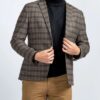 Mens Single Breasted Plaid Suiting Fabric Brown Blazer Jacket Front