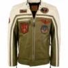 Top Gun Biker Olive Green Cafe Racer Leather Quilted Jacket frotn