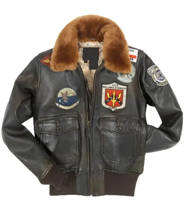 Top Gun G-1 Brown Faux Leather Bomber Jacket front
