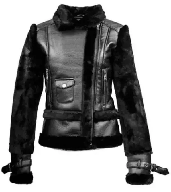 Womens Top Gun Black Fur Zipper Real Leather Jacket front