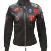 Womens Top Gun Black Leather Bomber Jacket front