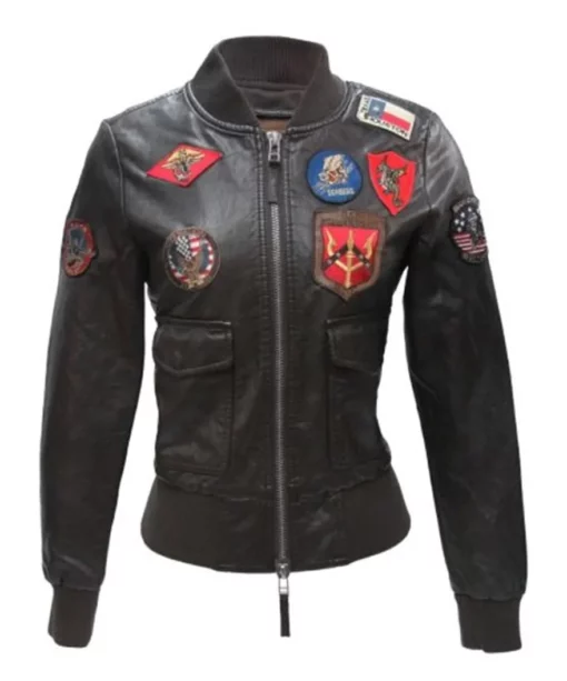 Womens Top Gun Black Leather Bomber Jacket front