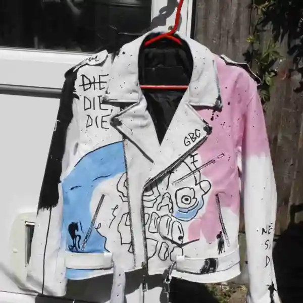 Lil Peep Never Say Die White and Black Painted Jacket front