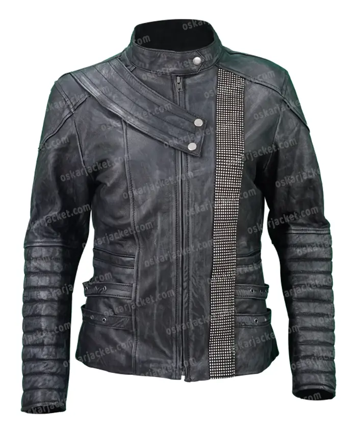 The 100 Octavia Quilted Black Leather Jacket front