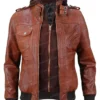 Mens Biker Bomber Brown Jacket With Removable Hoodie