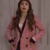 Emily In Paris Lily Collins Houndstooth Red Coat