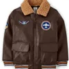 Boys’ Embroidered Faux Fur Brown Leather Jacket
