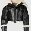 Wide Cropped Black Shearling Leather Jacket
