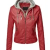 Slim Fit Red Hooded Leather Jacket