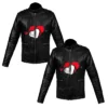 Valentine Heart Printed Black Leather Couples Jacket