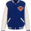 Men and Women Shop NY Knicks Blue and White Varsity Bomber Jacket For Sale
