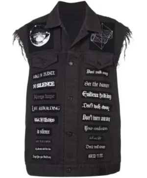 American Rap Singer Juice Wrld Black Denim Vest With Studs full look
