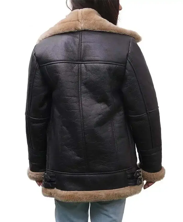 Annie Black Leather Shearling Jacket Back