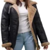 Annie Black Leather Shearling Jacket Front