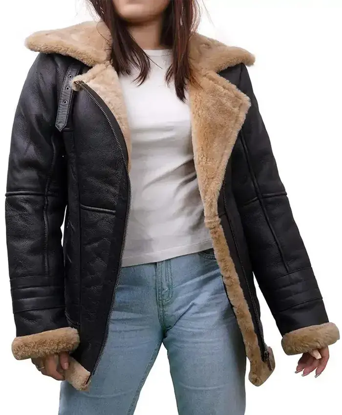 Annie Black Leather Shearling Jacket Front
