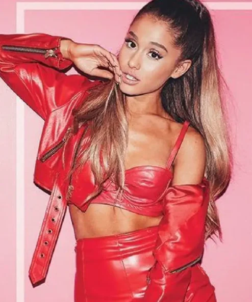 Ariana Grande Studded Cropped Red Leather Jacket